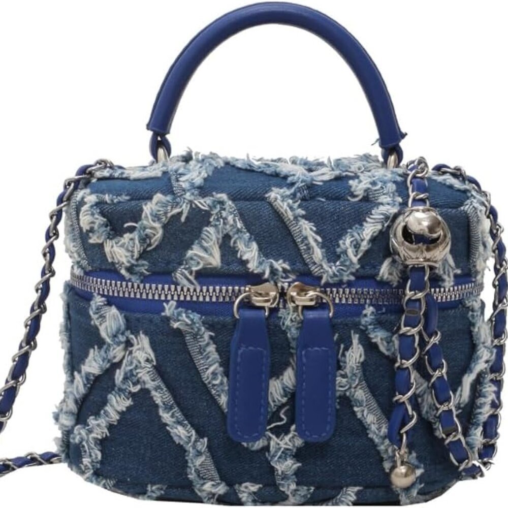 Mini Denim Bucket Bag Quilted Crossbody Hobo Shoulder Tote with Chain Strap